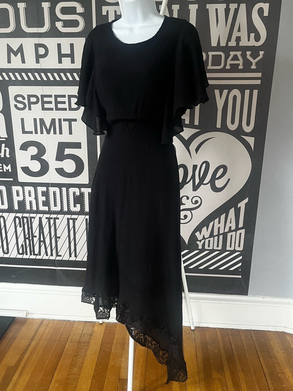 Black Whimsygoth Witchy Asymmetric Lace-Hem Dress with Flutter Sleeves